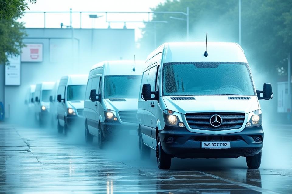 Multiple vans lined up for fleet wash
