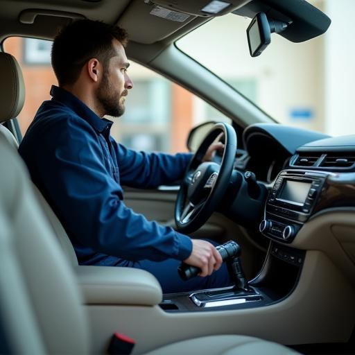 Technician vacuuming car interior
